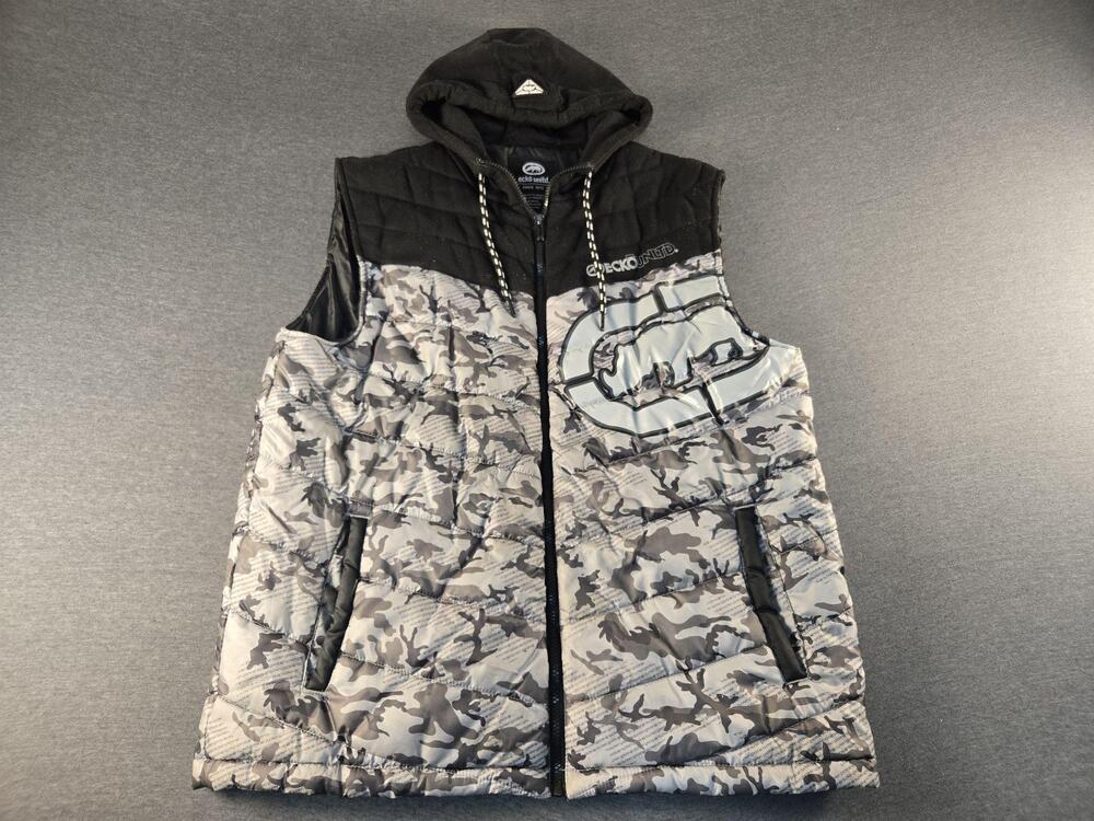 Ecko Unltd Puffer Vest Mens XL Gray Camouflage Hooded Quilted Zip Pockets Logo